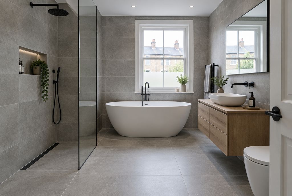 Finished bathroom with walk-in shower and freestanding bath