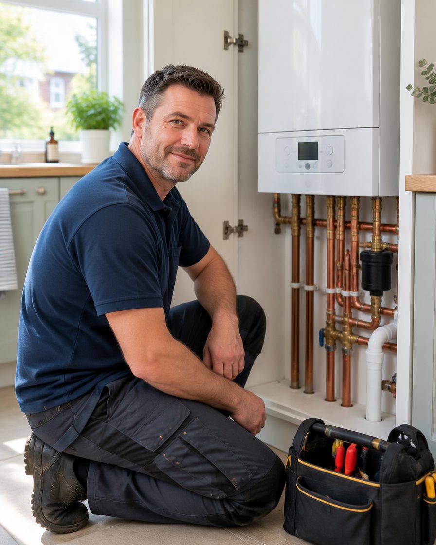 A Hartley engineer beside a newly fitted combi boiler