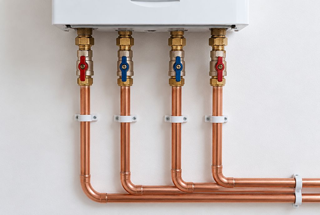 Neat copper pipework under a new boiler