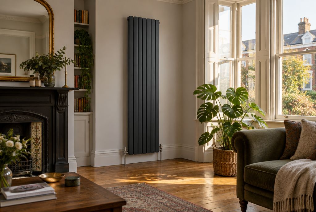 Anthracite vertical designer radiator in a living room