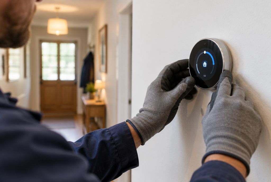 Engineer setting up a smart thermostat